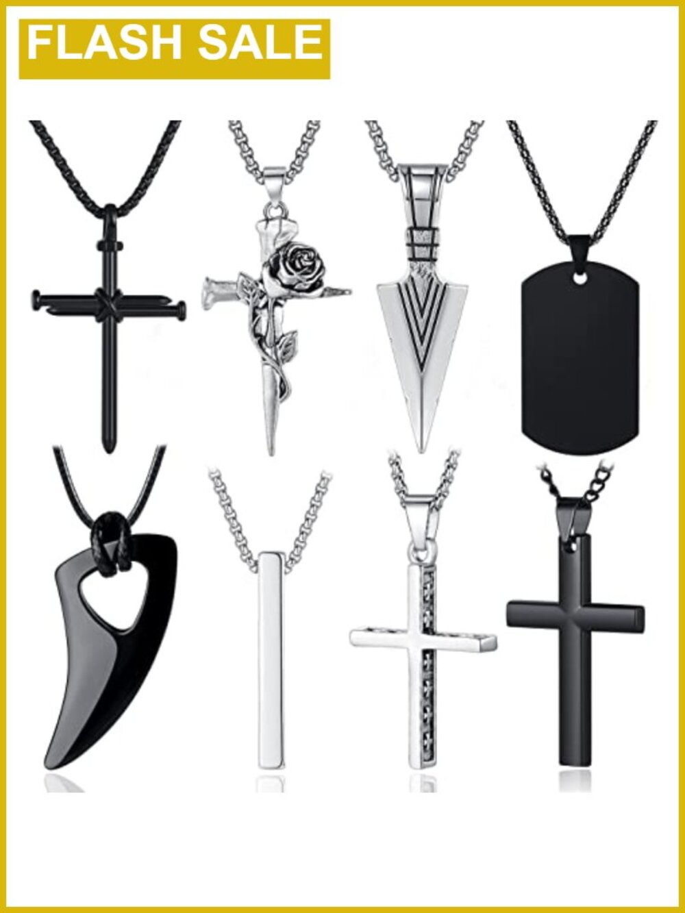 Men's Stainless Steel Pendant Necklace Set 8 Pcs Cross Wolf Tooth Arrowhead